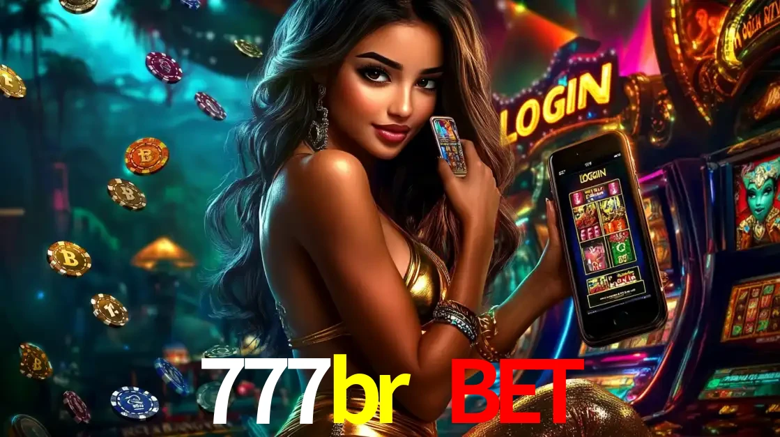 Mulher em um cenário de cassino temático de aventura, mostrando o app de caça-níqueis da 777br bet no celular. Fichas de apostas flutuam ao redor.