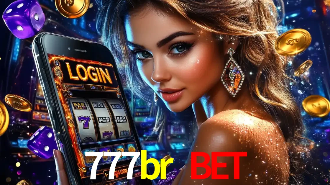 Mulher glamorosa segurando um smartphone com a tela de login para os jogos de caça-níqueis do cassino online 777br bet, com moedas de ouro e dados ao redor.