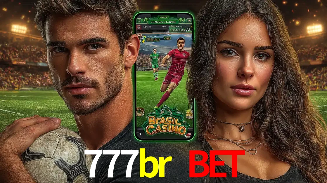 Homem segurando uma bola de futebol e uma mulher ao lado de um smartphone exibindo o jogo de apostas esportivas da 777br bet. Faça seu palpite no cassino online.